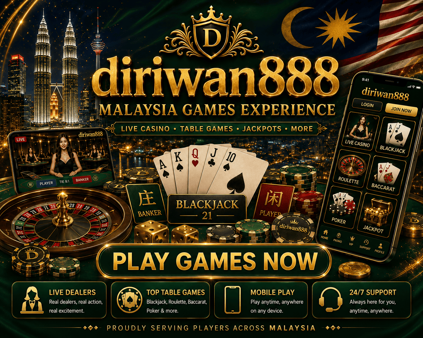 Paparan katalog diriwan888 Permainan di telefon pintar dengan kategori kasino dan slot